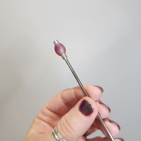 Runeblossoms Stainless Steel Hair Stick, One of a Kind Carved Dyed Jade Hair Pin - Picture 4 of 6